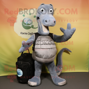 Gray Loch Ness Monster mascot costume character dressed with a Capri Pants and Messenger bags