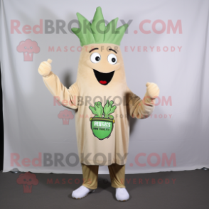 Tan Celery mascot costume character dressed with a Sweatshirt and Cufflinks