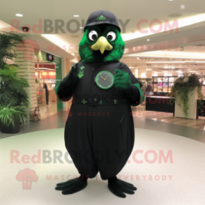 Forest Green Blackbird mascot costume character dressed with a Jumpsuit and Bracelet watches