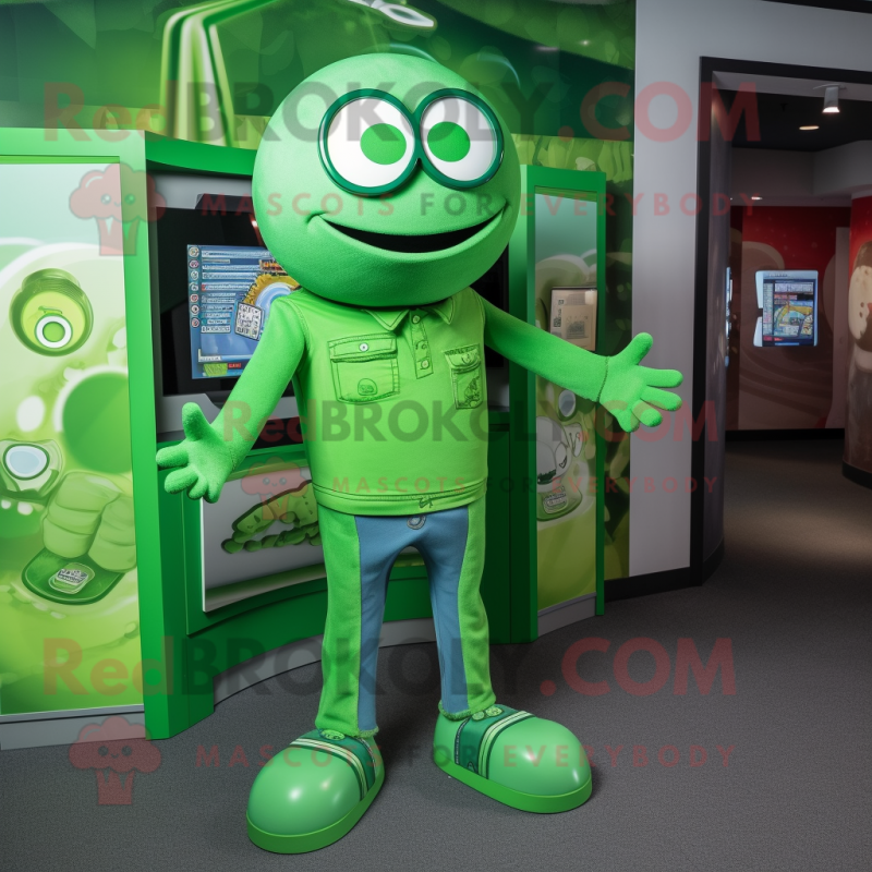Green Momentum mascot costume character dressed with a Bootcut Jeans and Rings