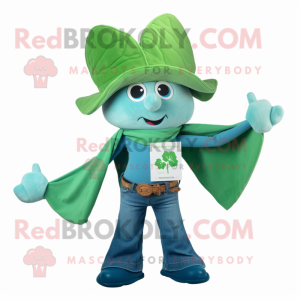Cyan Bunch Of Shamrocks mascot costume character dressed with a Bootcut Jeans and Shawl pins