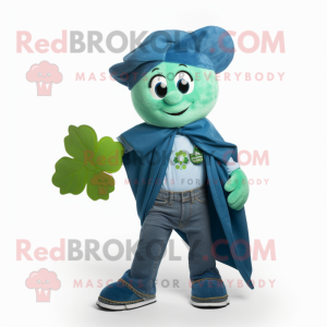 Cyan Bunch Of Shamrocks mascot costume character dressed with a Bootcut Jeans and Shawl pins