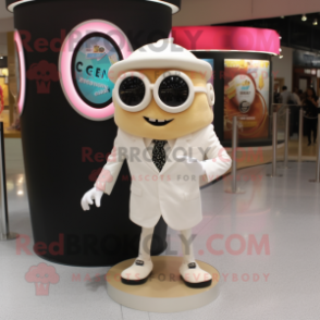 Cream Cyclops mascot costume character dressed with a Blazer and Bracelet watches