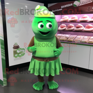 Green Chocolates mascot costume character dressed with a Evening Gown and Beanies