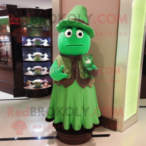 Green Chocolates mascot costume character dressed with a Evening Gown and Beanies