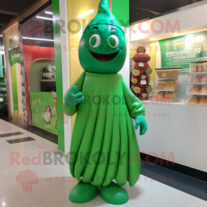 Green Chocolates mascot costume character dressed with a Evening Gown and Beanies