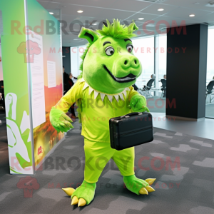 Lime Green Wild Boar mascot costume character dressed with a Midi Dress and Briefcases