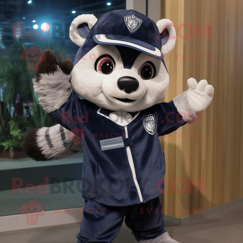 Navy Badger mascot costume character dressed with a Jeans and Mittens
