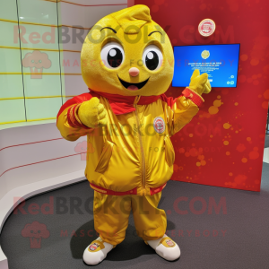 Gold Raspberry mascot costume character dressed with a Windbreaker and Coin purses
