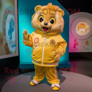 Gold Raspberry mascot costume character dressed with a Windbreaker and Coin purses