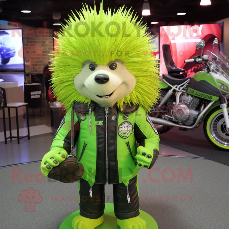 Lime Green Porcupine mascot costume character dressed with a Moto Jacket and Bracelets