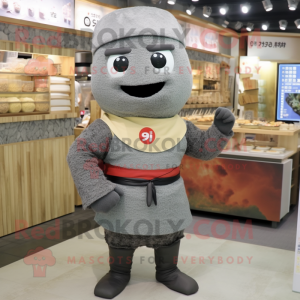 Gray Fried Rice mascot costume character dressed with a Rash Guard and Belts