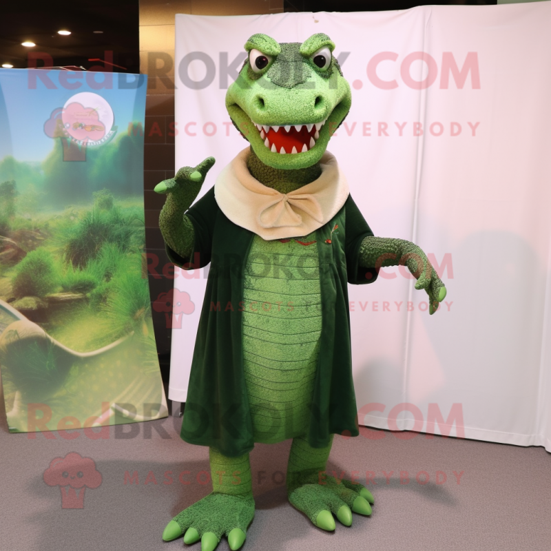 Forest Green Crocodile mascot costume character dressed with a Sheath Dress and Shawls