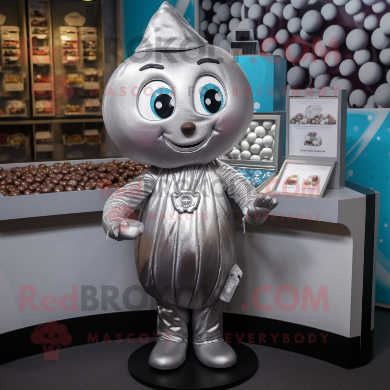 Silver Chocolates mascot costume character dressed with a Playsuit and Necklaces
