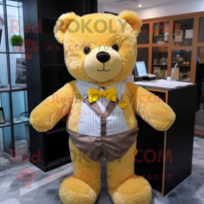 Yellow Teddy Bear mascot costume character dressed with a Vest and Bow ties