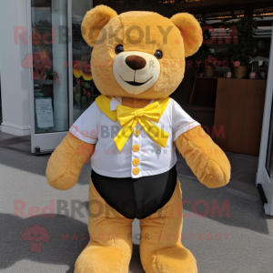 Yellow Teddy Bear mascot costume character dressed with a Vest and Bow ties