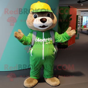 Lime Green Otter mascot costume character dressed with a Hoodie and Belts