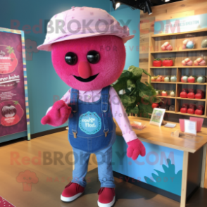 Pink Raspberry mascot costume character dressed with a Chambray Shirt and Headbands