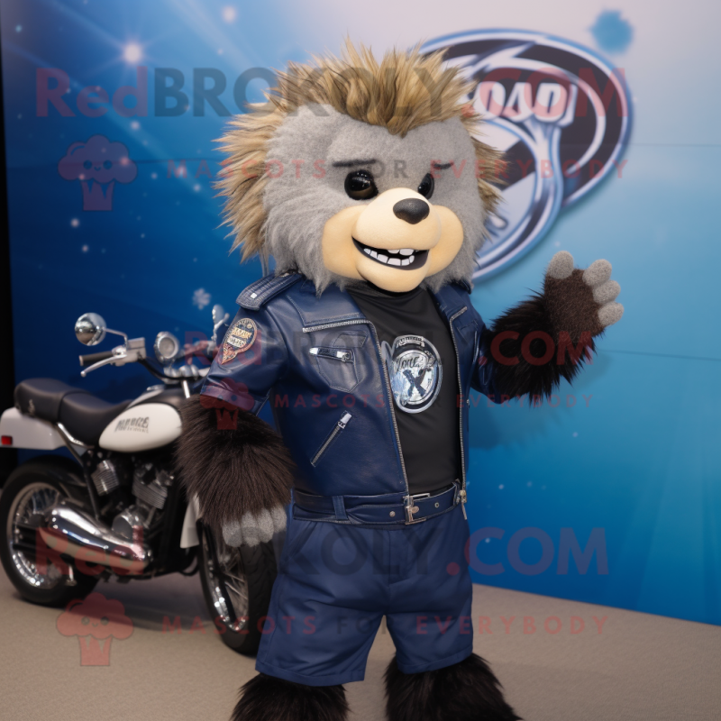 Navy Porcupine mascot costume character dressed with a Biker Jacket and Backpacks