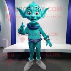 Cyan Elf maskot kostume...