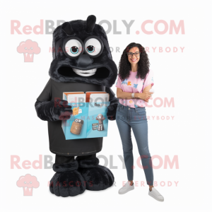 Black Candy Box mascot costume character dressed with a Mom Jeans and Reading glasses