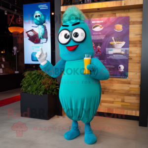 Teal Shakshuka mascot costume character dressed with a Cocktail Dress and Digital watches