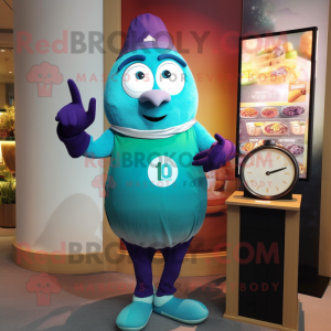Teal Shakshuka mascot costume character dressed with a Cocktail Dress and Digital watches
