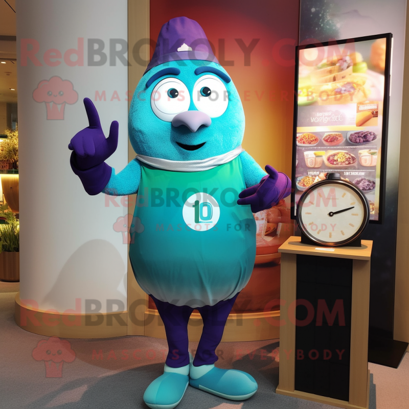 Teal Shakshuka mascot costume character dressed with a Cocktail Dress and Digital watches