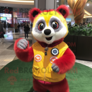 Lemon Yellow Red Panda mascot costume character dressed with a Sweater and Bracelet watches