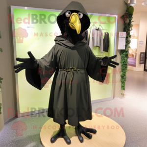 Olive Crow mascot costume character dressed with a Raincoat and Wraps
