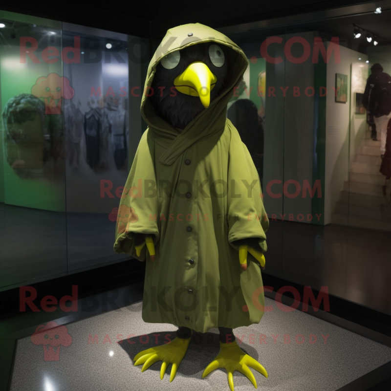 Olive Crow mascot costume character dressed with a Raincoat and Wraps