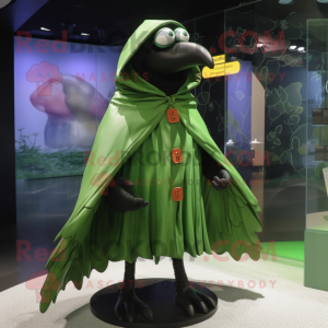 Olive Crow mascot costume character dressed with a Raincoat and Wraps