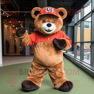 Rust Teddy Bear mascot costume character dressed with a Baseball Tee and Beanies