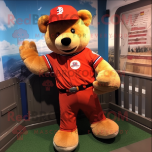 Rust Teddy Bear mascot costume character dressed with a Baseball Tee and Beanies