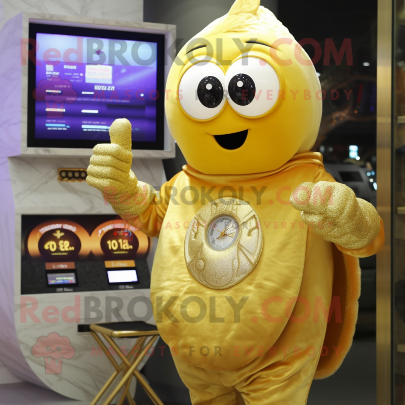 Gold Shakshuka mascot costume character dressed with a Sweatshirt and Digital watches