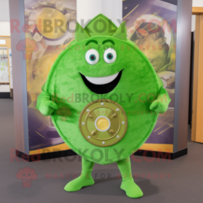Lime Green Celtic Shield mascot costume character dressed with a Corduroy Pants and Briefcases