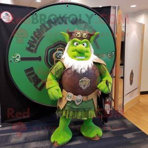 Lime Green Celtic Shield mascot costume character dressed with a Corduroy Pants and Briefcases