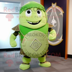 Lime Green Celtic Shield mascot costume character dressed with a Corduroy Pants and Briefcases