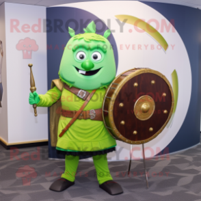 Lime Green Celtic Shield mascot costume character dressed with a Corduroy Pants and Briefcases