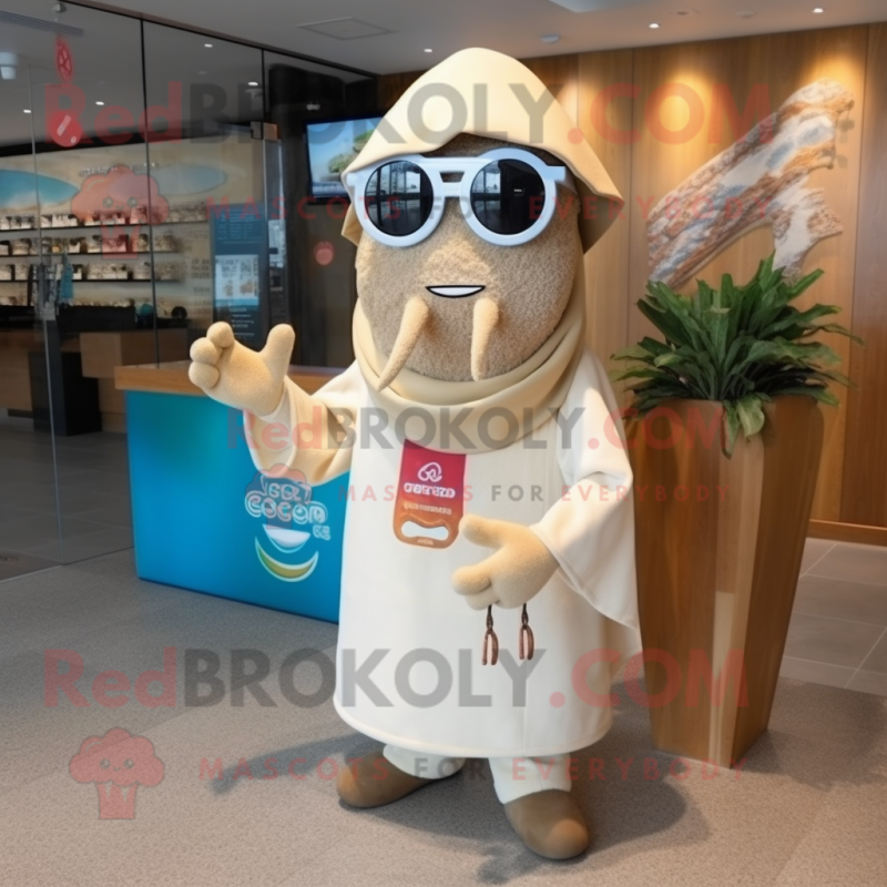 Beige Ceviche mascot costume character dressed with a Cover-up and Eyeglasses