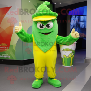 Lime Green Pop Corn mascot costume character dressed with a Romper and Beanies