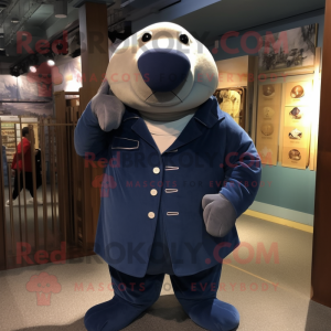 Navy Walrus mascot costume character dressed with a Mom Jeans and Pocket squares