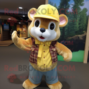 Yellow Dormouse mascot costume character dressed with a Flannel Shirt and Hats