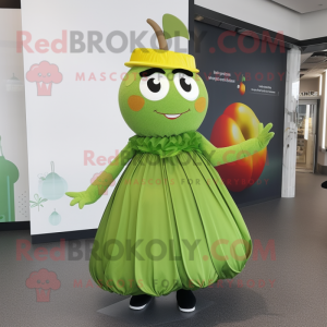 Olive Apple mascot costume character dressed with a Pleated Skirt and Coin purses