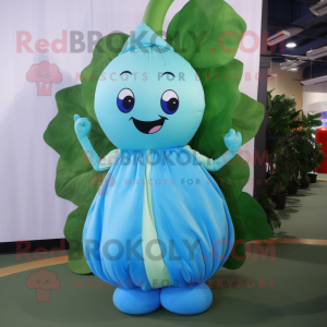 Sky Blue Beanstalk mascot costume character dressed with a Ball Gown and Shoe laces