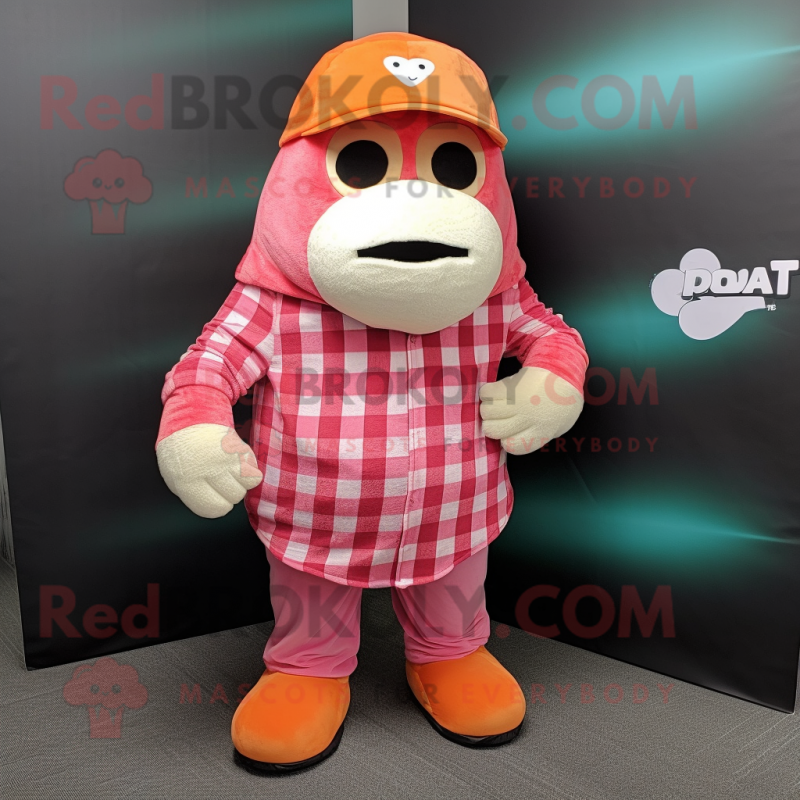 Pink Orange mascot costume character dressed with a Flannel Shirt and Beanies