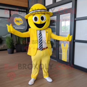 Lemon Yellow Gyro mascot costume character dressed with a Blazer and Belts