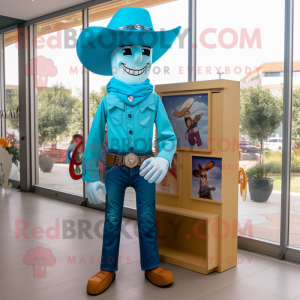 Cyan Cowboy maskot kostume...