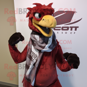 Maroon Utahraptor mascot costume character dressed with a Graphic Tee and Scarves