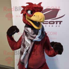 Maroon Utahraptor mascot costume character dressed with a Graphic Tee and Scarves